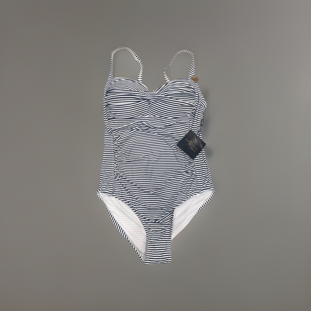 Nip Tuck Joanne Navy Blue White Striped Slimming Swimsuit Size 6 One PIece NWT